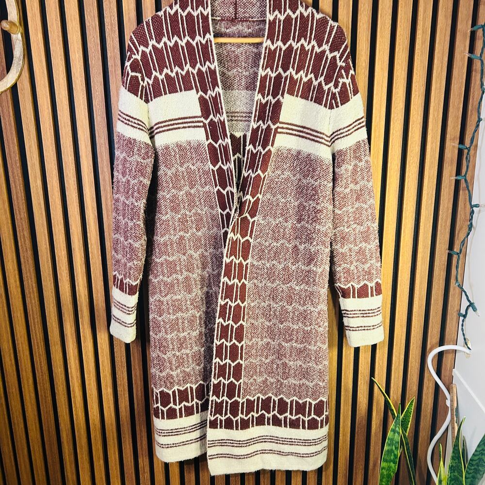 Vintage style Burgundy Cream Geometric Long Open Front Cardigan Sweater Coatigan